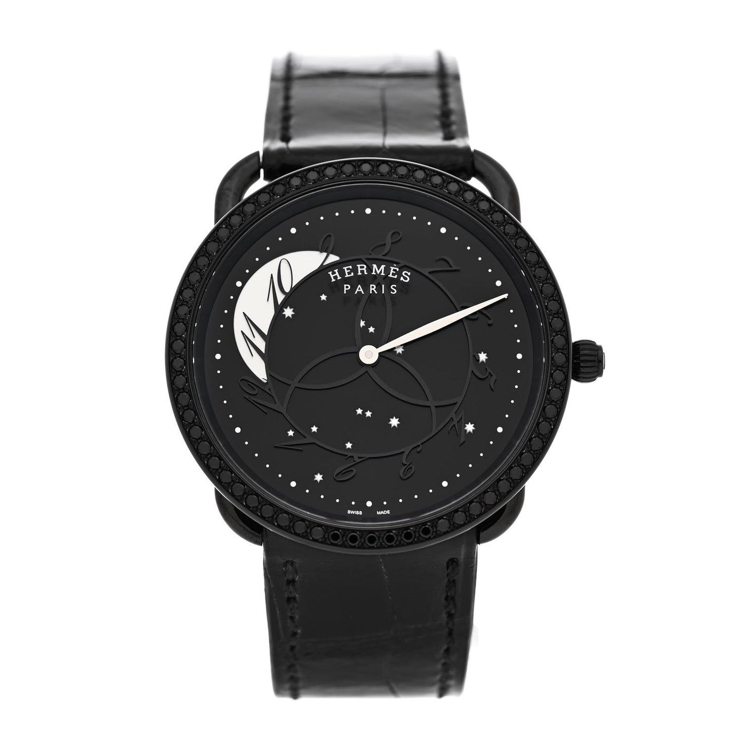 PVD Stainless Steel Alligator Black Diamond 36mm Arceau Ronde Des Heures Quartz Watch Noir