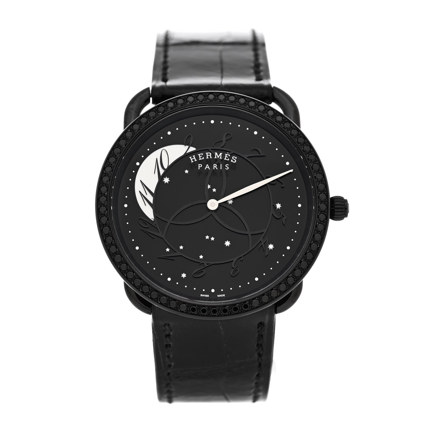 Hermes PVD Stainless Steel Alligator Black Diamond 36mm Arceau Ronde Des Heures Quartz Watch Noir 1 of 6