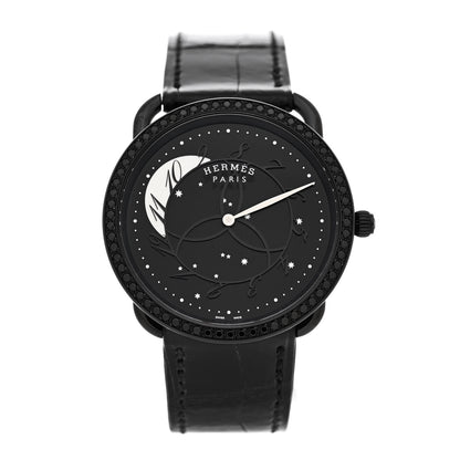 Hermes PVD Stainless Steel Alligator Black Diamond 36mm Arceau Ronde Des Heures Quartz Watch Noir 1 of 6