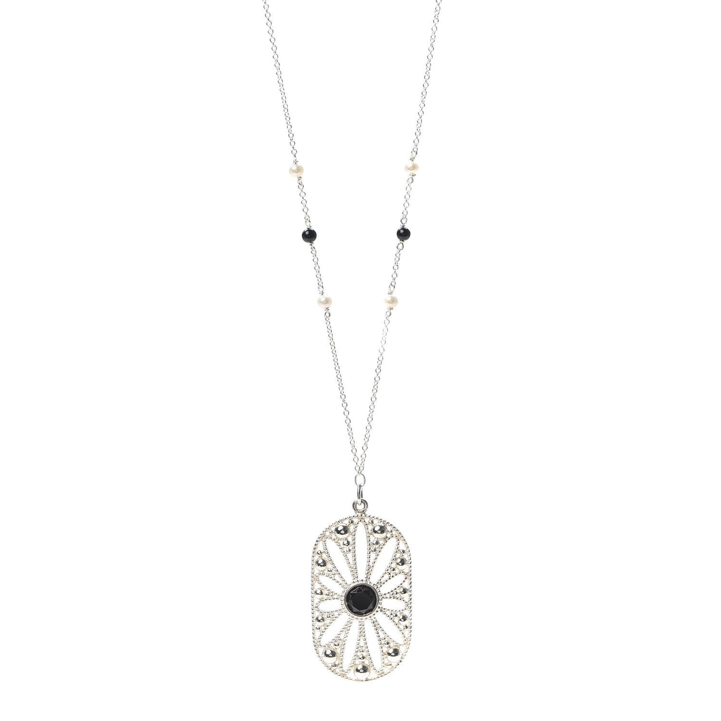Sterling Silver Black Onyx Pearl Ziegfeld Daisy Pendant Necklace