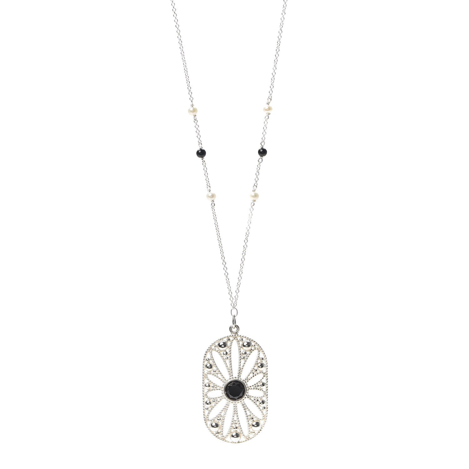 Tiffany Sterling Silver Black Onyx Pearl Ziegfeld Daisy Pendant Necklace 1 of 7