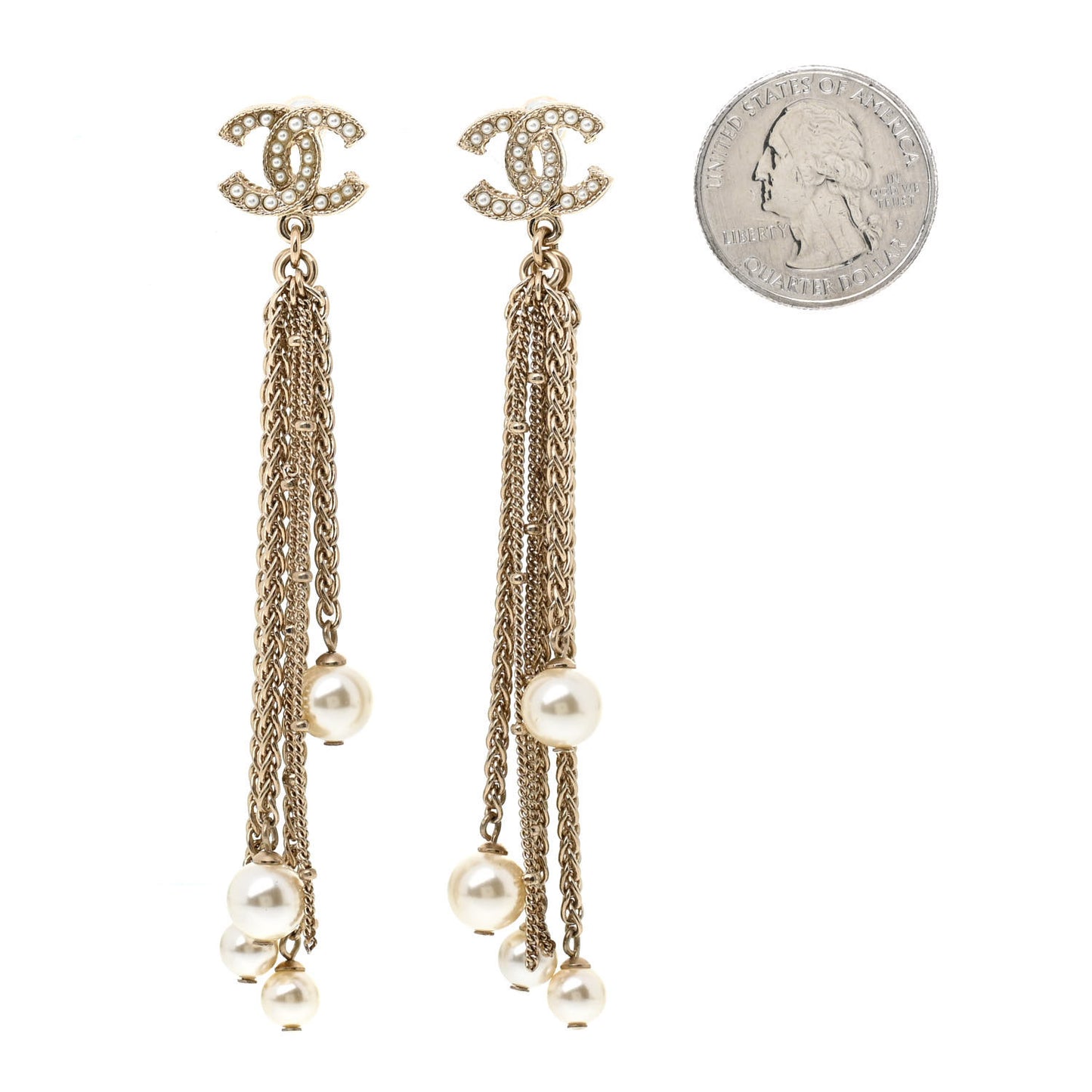 Glass Pearl CC Long Drop Earrings Gold