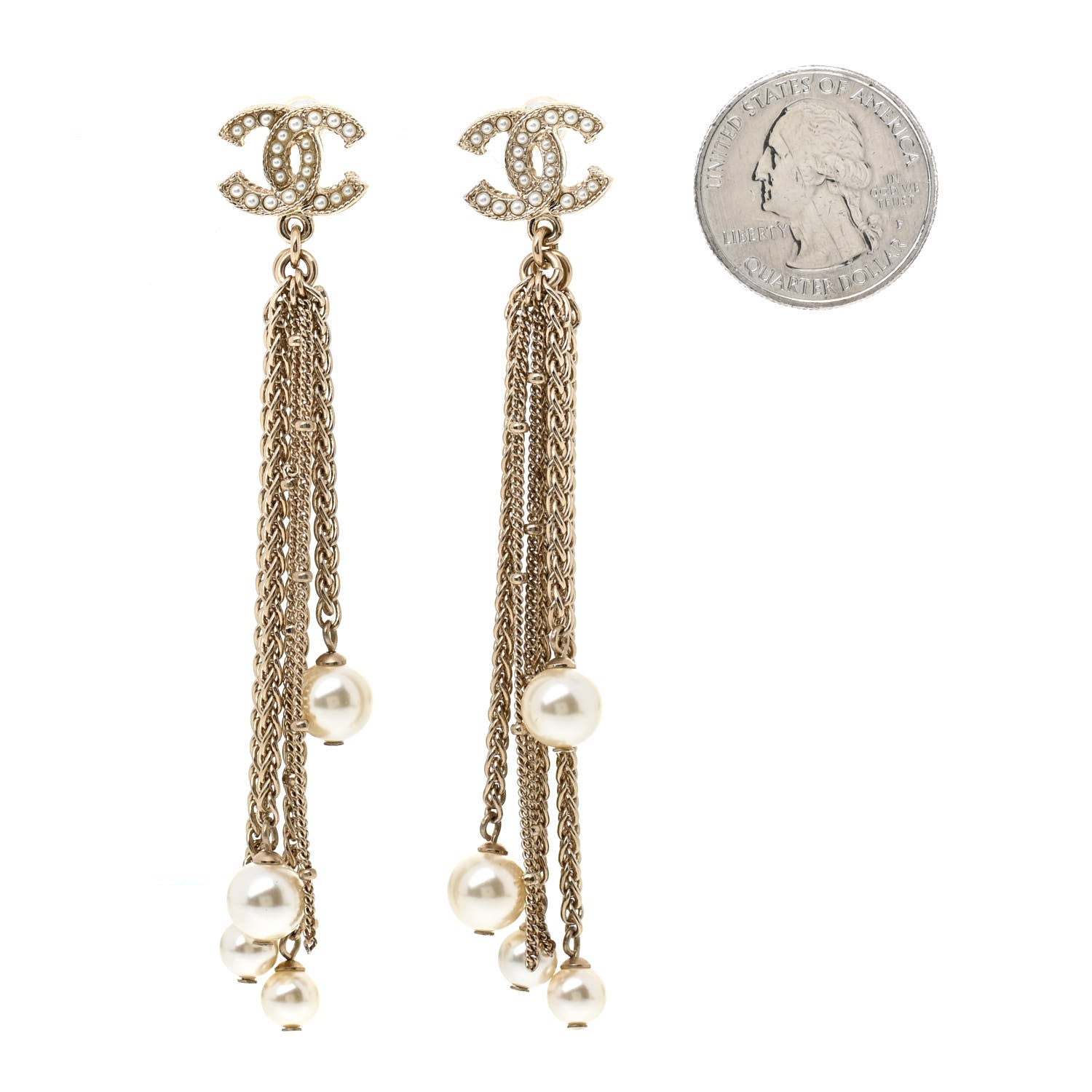 Chanel Glass Pearl CC Long Drop Earrings Gold 2 of 4