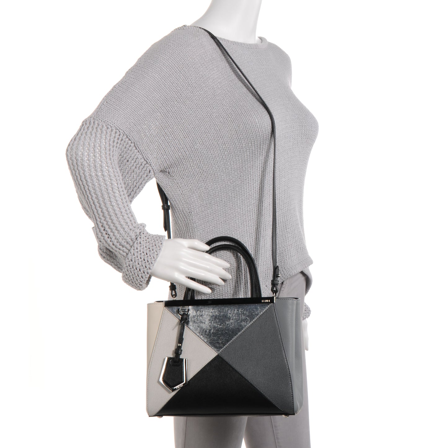 Vitello Elite Calfskin Colorblock Petite 2Jours Tote Black Multicolor White Argento