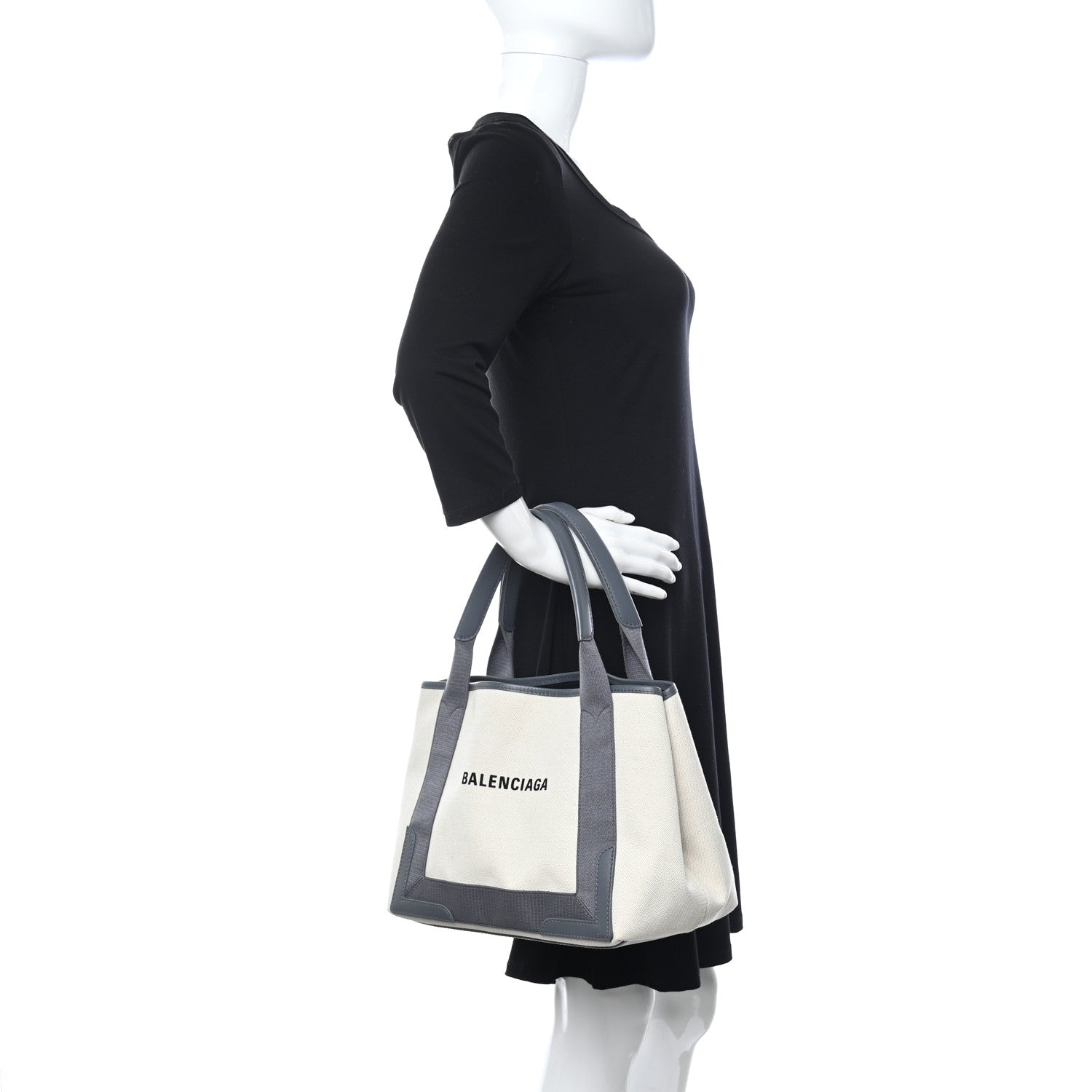 Balenciaga Cotton Canvas Satin Calfskin S Navy Cabas Natural Grey 2 of 12