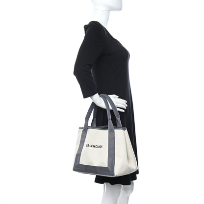 Balenciaga Cotton Canvas Satin Calfskin S Navy Cabas Natural Grey 2 of 12