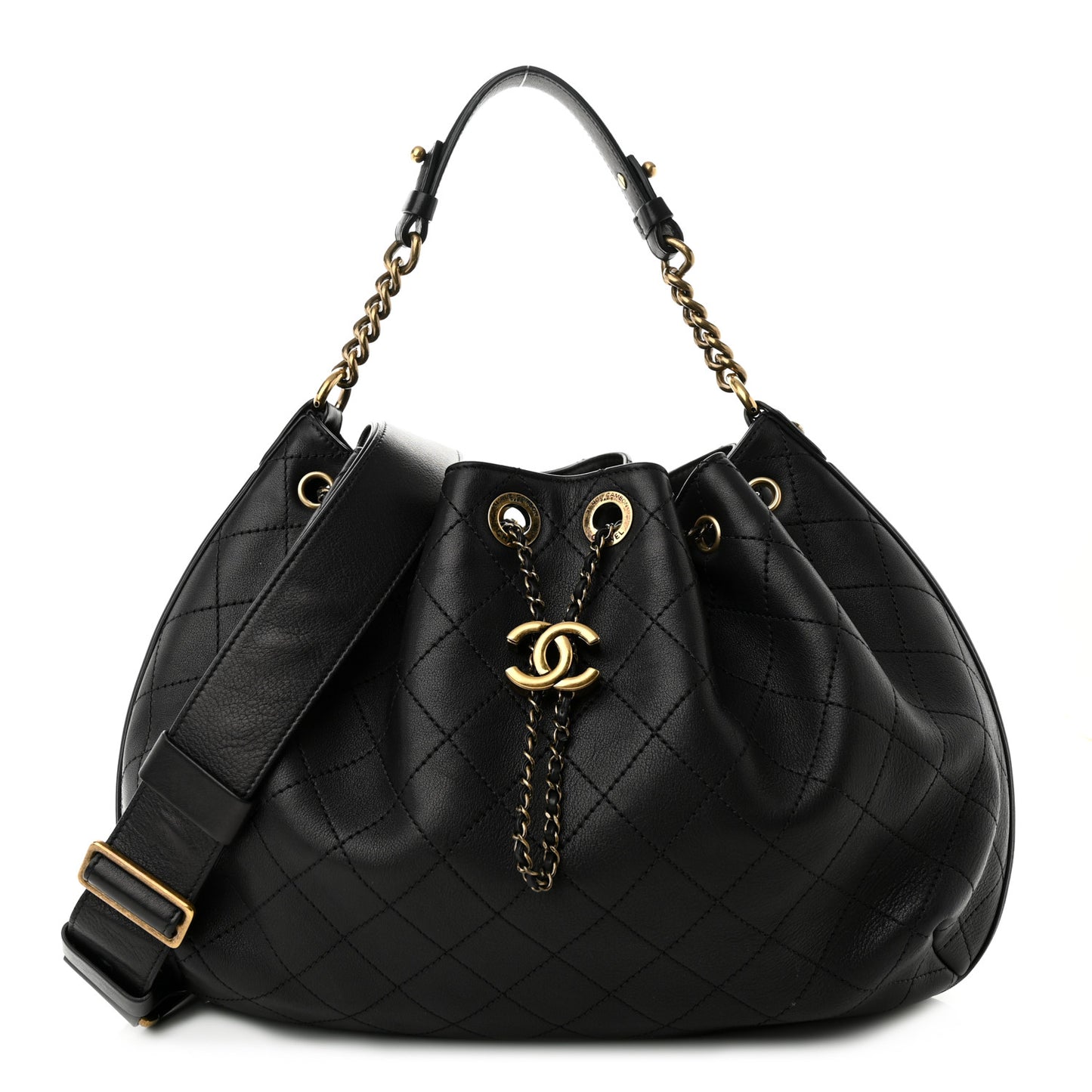 Calfskin Stitched Small Paris Rome Drawstring CC Bag Black