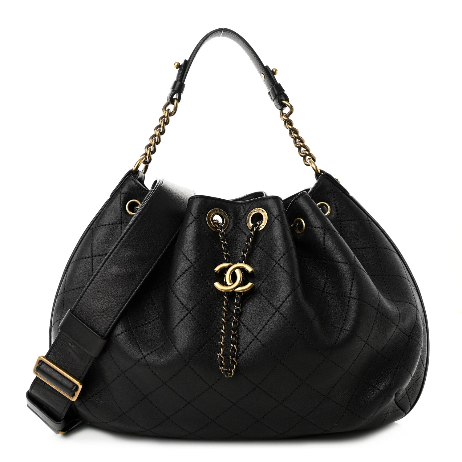 Chanel Calfskin Stitched Small Paris Rome Drawstring CC Bag Black 1 of 11
