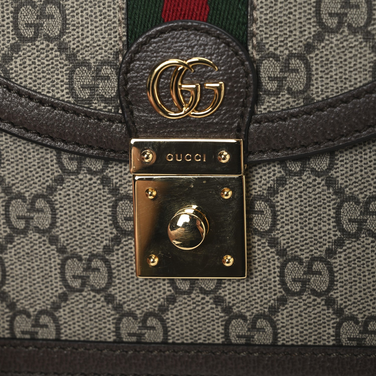 Gucci GG Supreme Monogram Textured Dollar Calfskin Web Mini Ophidia Padlock Top Handle Chain Shoulder Bag Beige Ebony New Acero 11 of 11