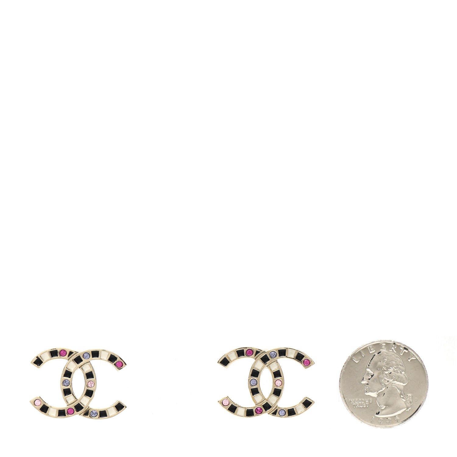 Chanel Crystal Enamel Large CC Earrings Gold Black White Pink 2 of 4