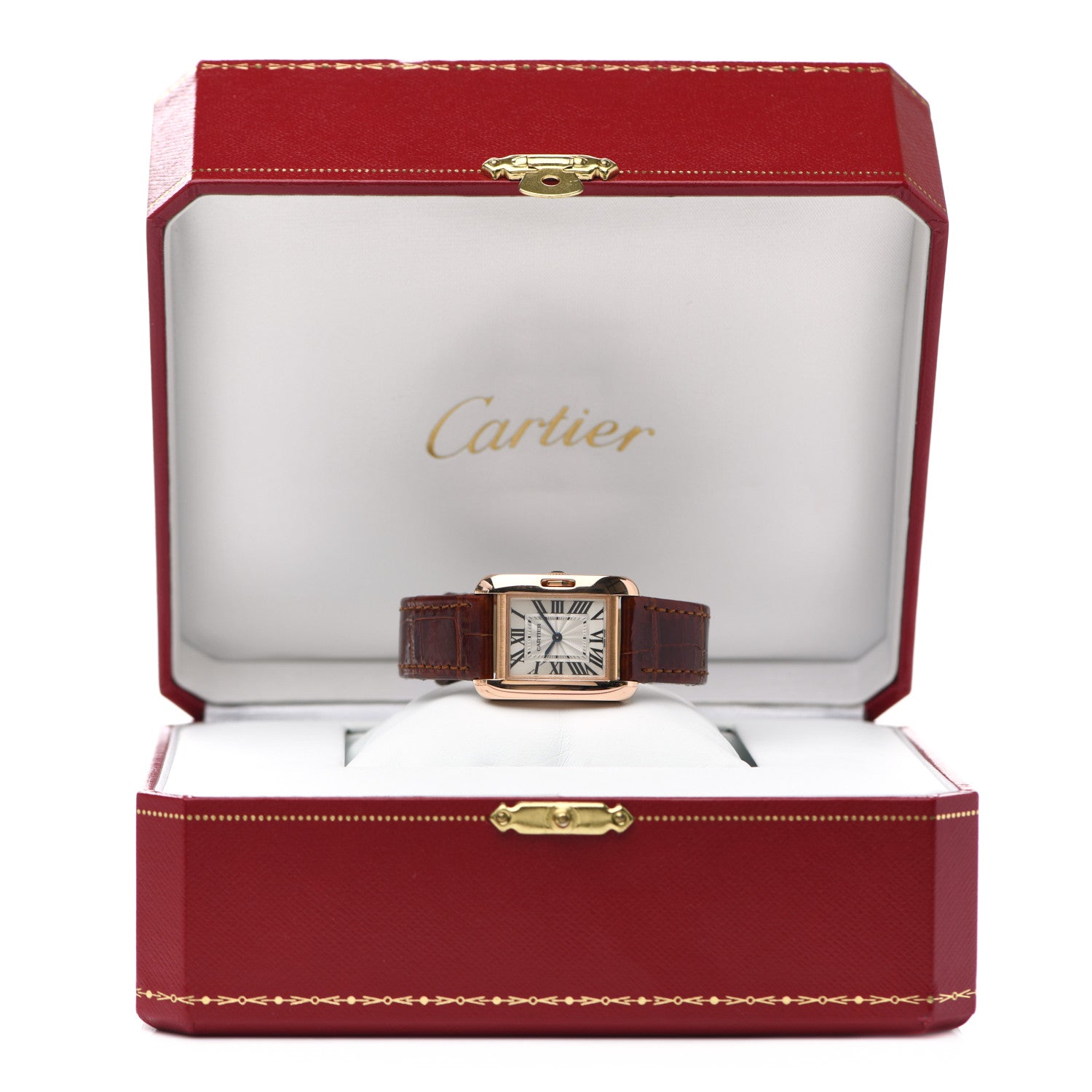 Cartier 18K Pink Gold Alligator 22mm Tank Anglaise Quartz Watch Brown 9 of 10