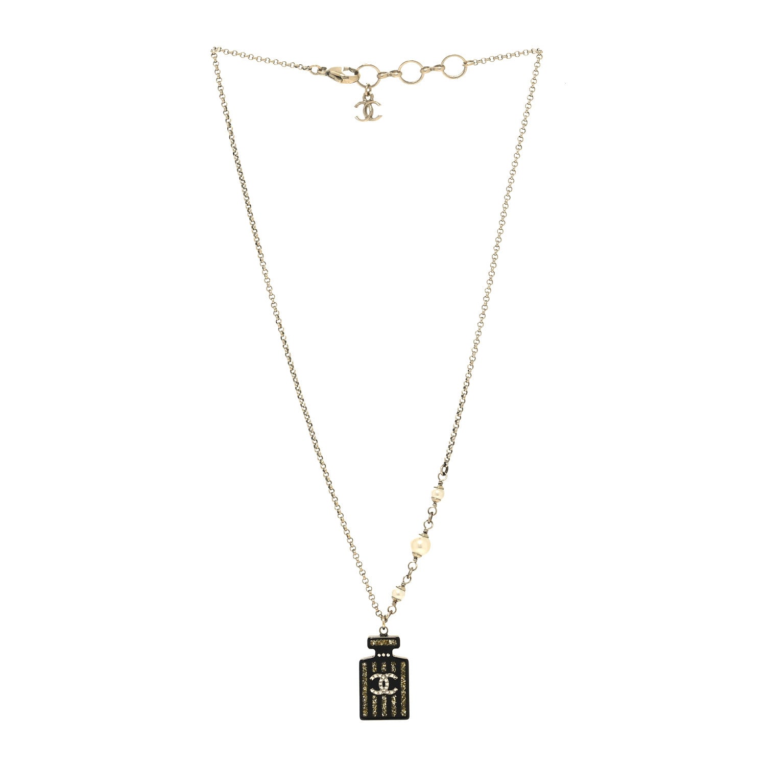 Chanel Pearl Resin Strass Perfume Bottle CC Necklace Black Gold 3 of 6