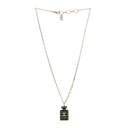 Chanel Pearl Resin Strass Perfume Bottle CC Necklace Black Gold 3 of 6