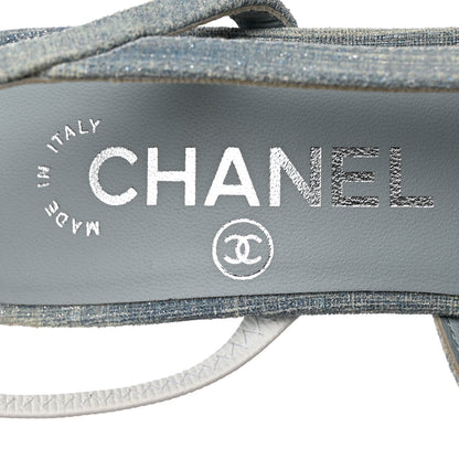 Chanel Denim Lambskin Cap Toe CC Slingback Pumps 35 Light Blue White 7 of 9