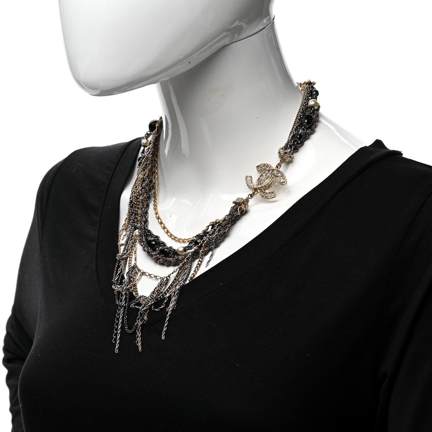 Pearl Bead Chain CC Multi Strand Necklace Gold Ruthenium Black