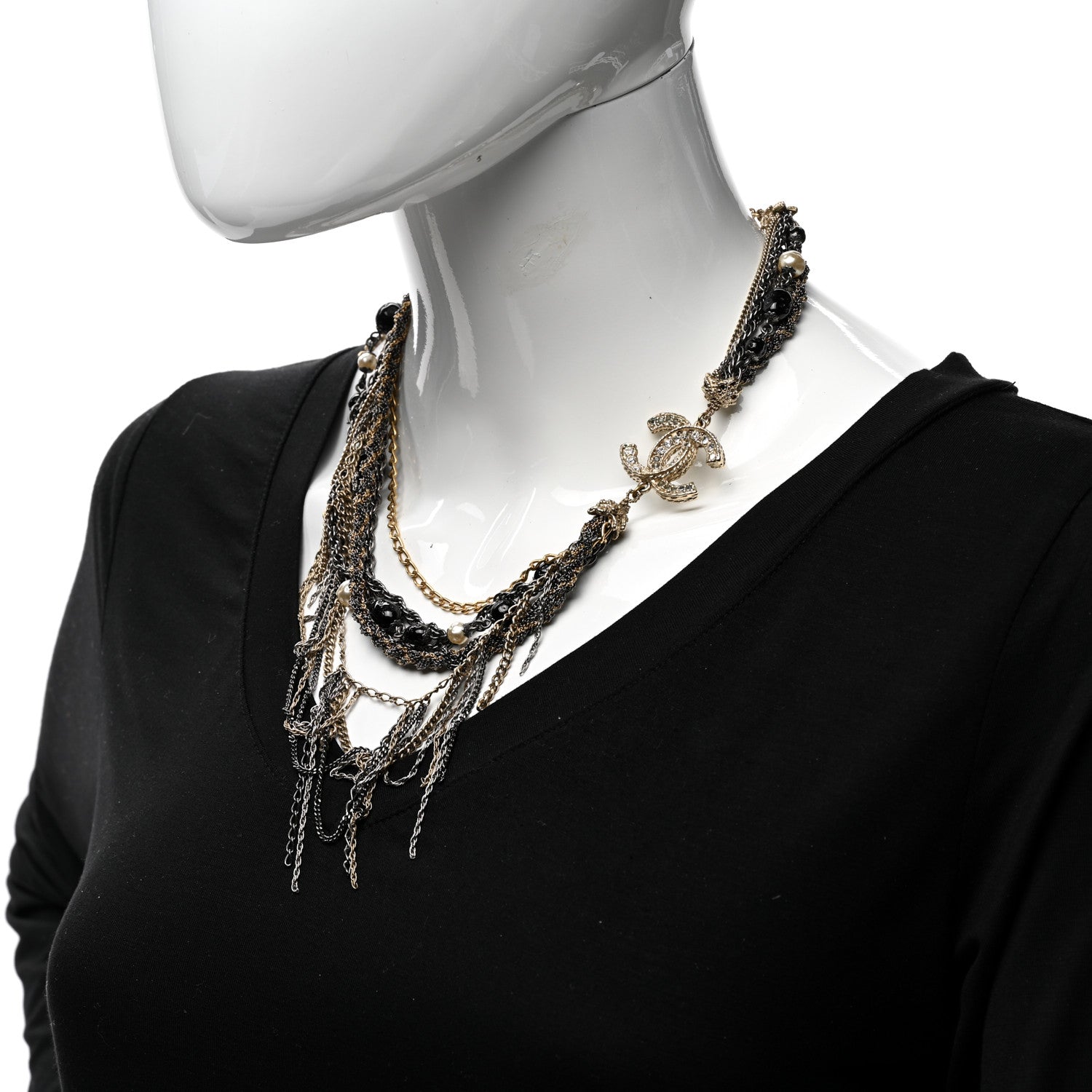 Chanel Pearl Bead Chain CC Multi Strand Necklace Gold Ruthenium Black 2 of 7