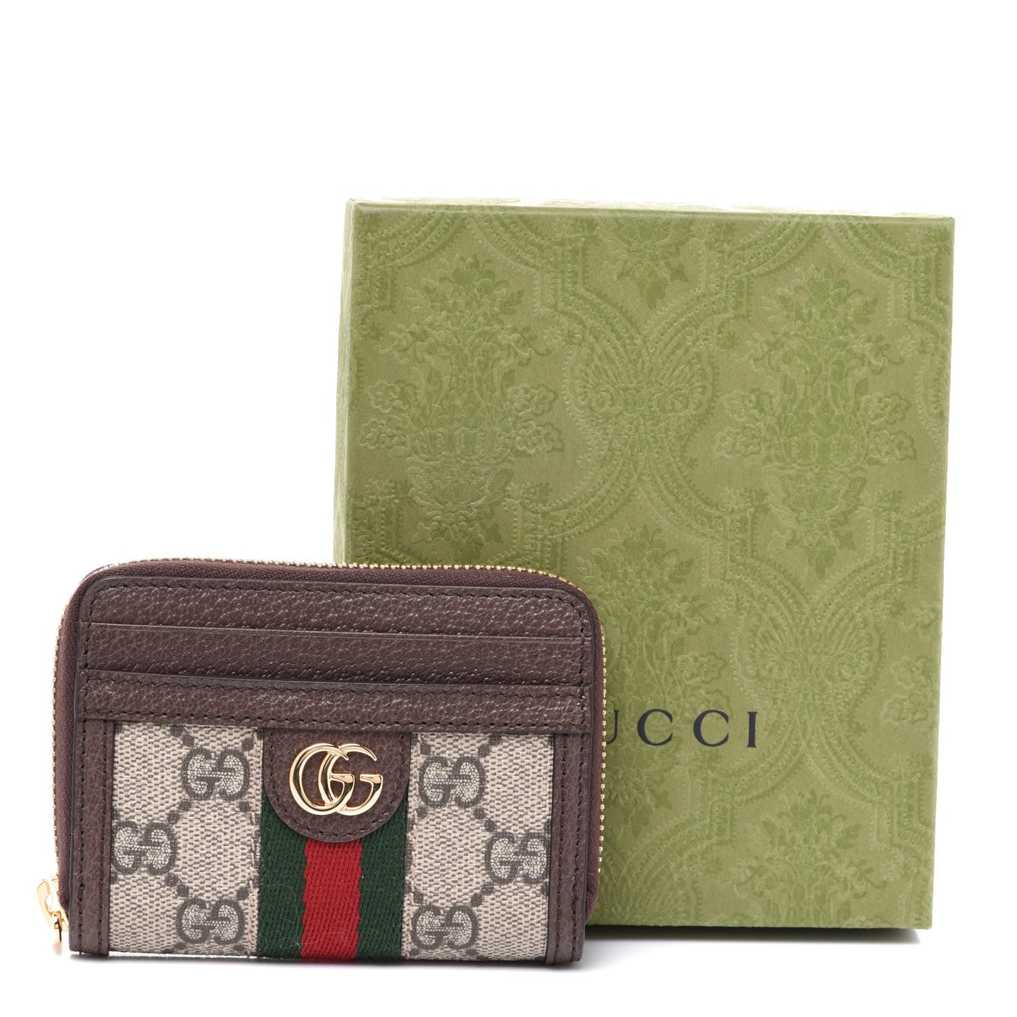 GG Supreme Monogram Textured Dollar Calfskin Web Ophidia Zip Around Card Case Wallet Beige Ebony New Acero