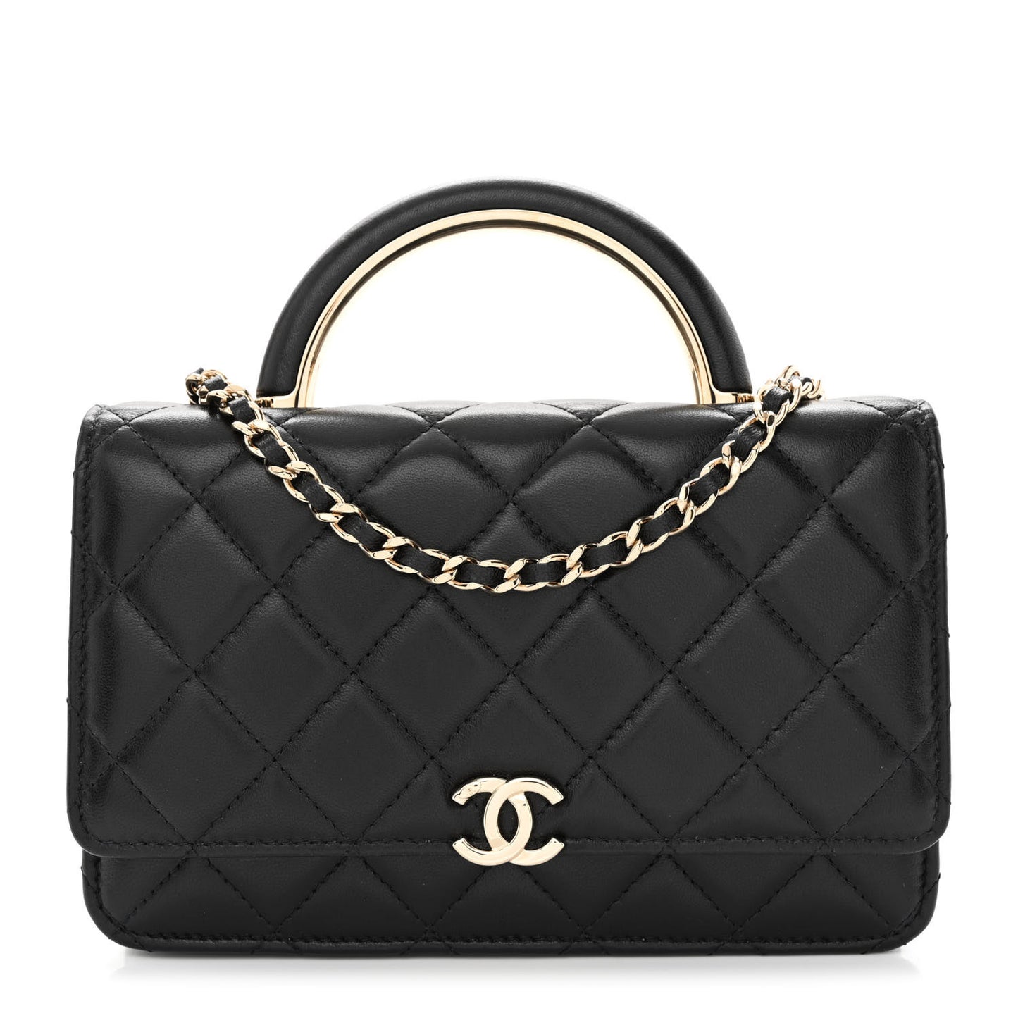 Lambskin Quilted Top Handle Wallet On Chain WOC Black