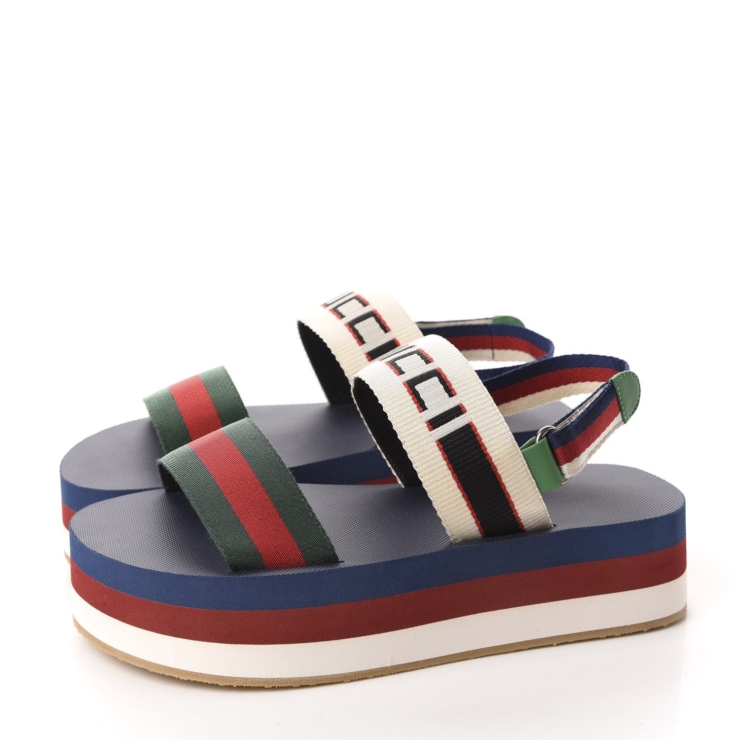 Gucci Nylon Stripe Logo Sylvie Web Platform Slingback Sandals 37 Green Red Ecru 3 of 9