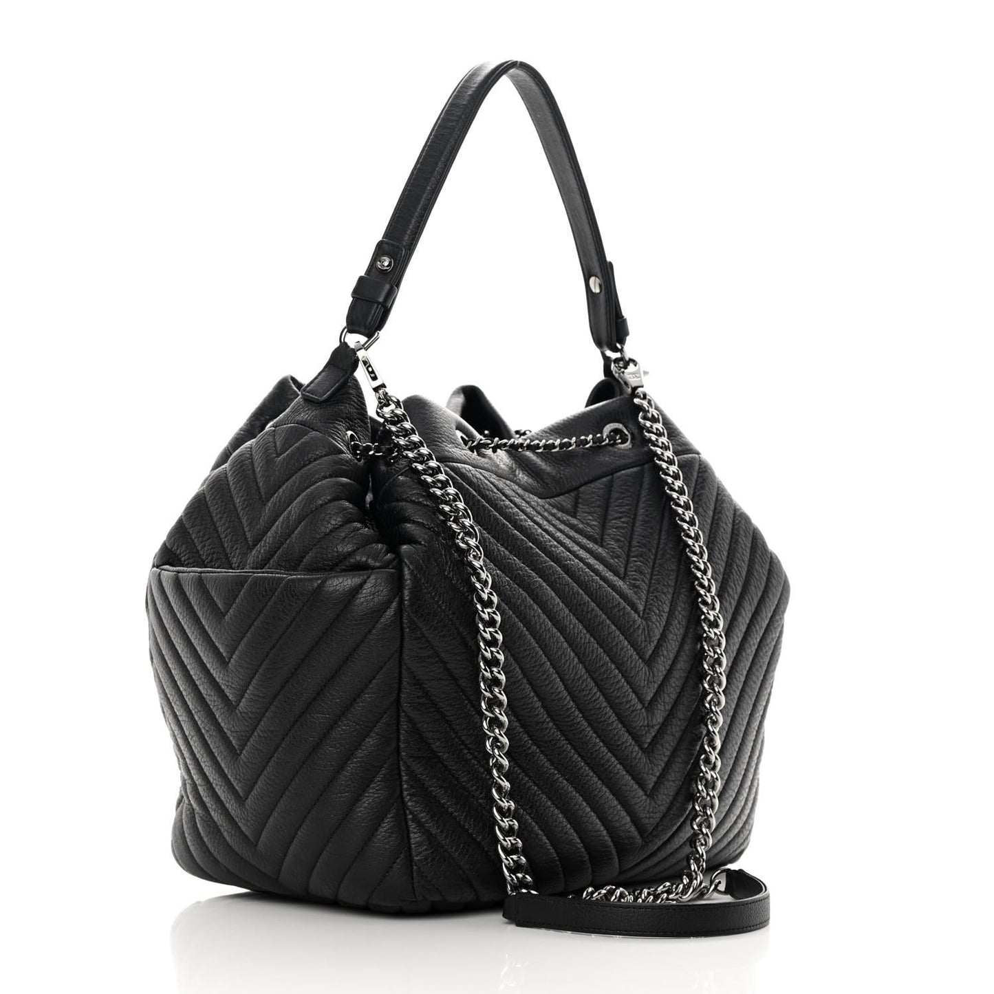 Deerskin Chevron Large CC Chain Bucket Drawstring Bag Black