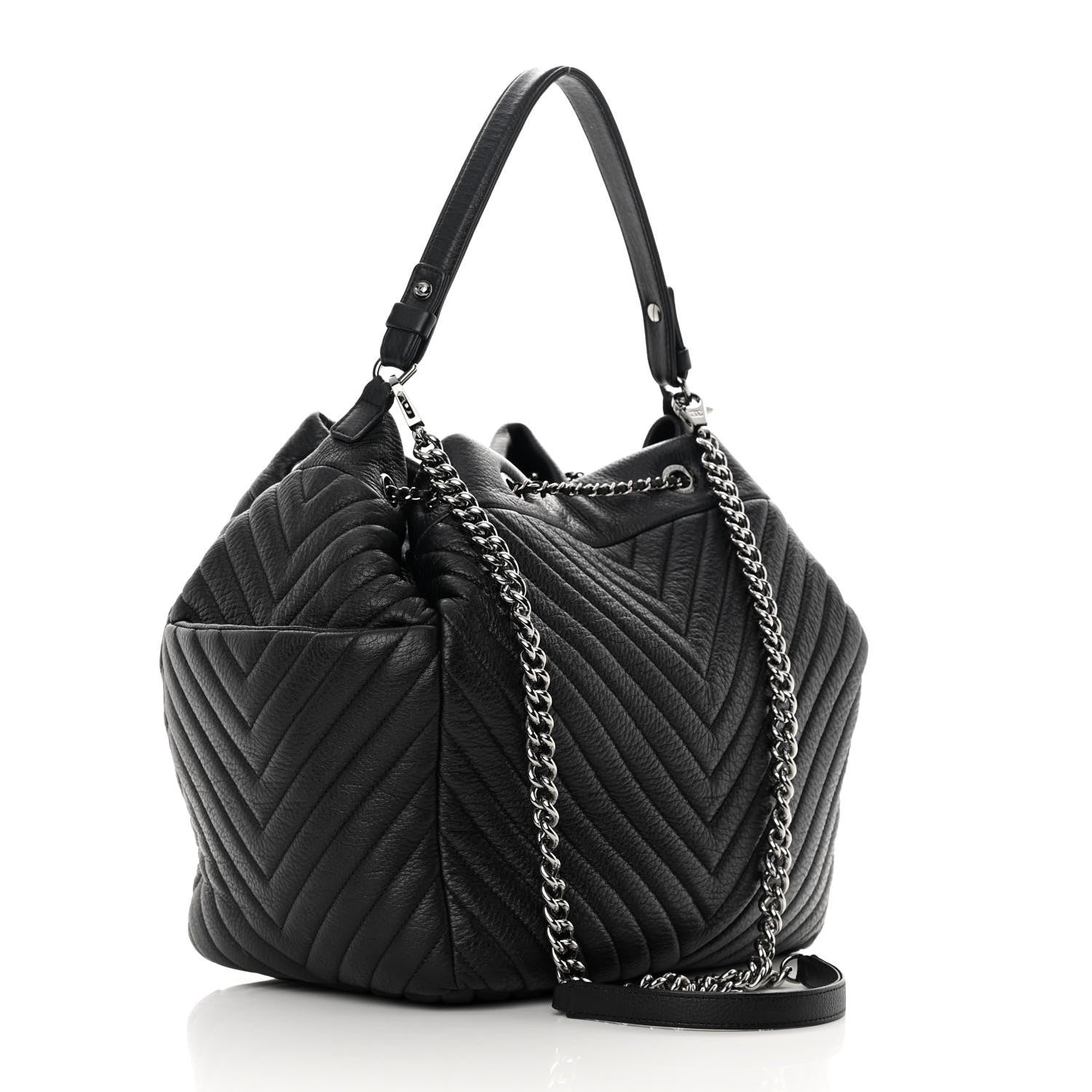 Chanel Deerskin Chevron Large CC Chain Bucket Drawstring Bag Black 3 of 15