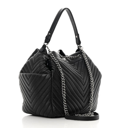Chanel Deerskin Chevron Large CC Chain Bucket Drawstring Bag Black 3 of 15