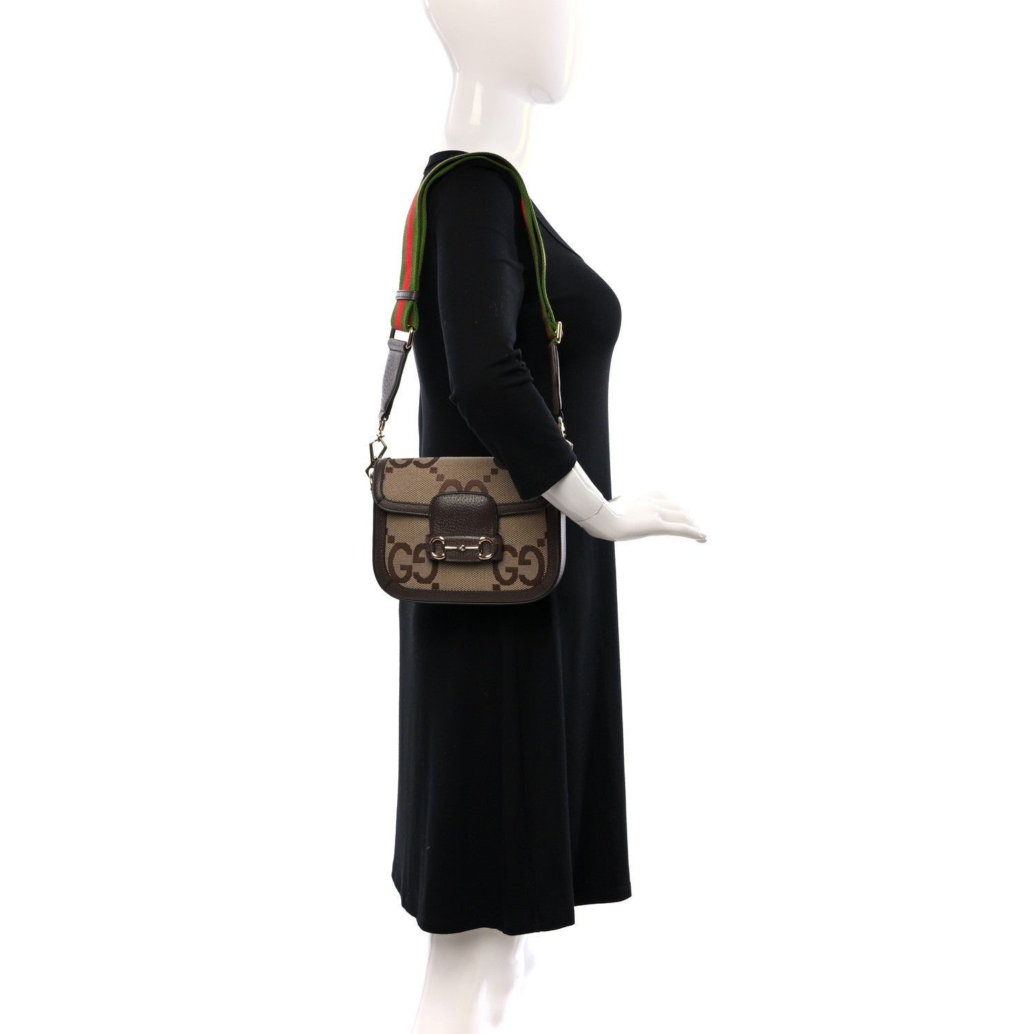 Gucci Monogram Jumbo GG Textured Dollar Calfskin Web Mini Horsebit 1955 Shoulder Bag Camel Ebony New Acero 2 of 8
