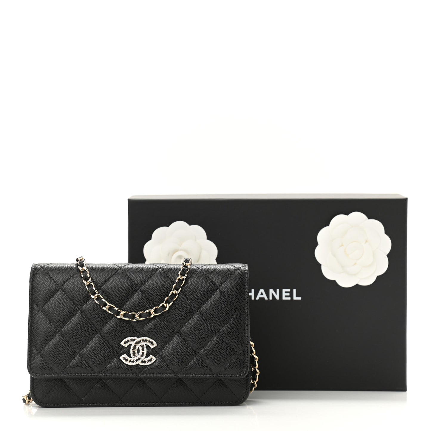 Caviar Quilted Crystal CC Wallet On Chain WOC Black