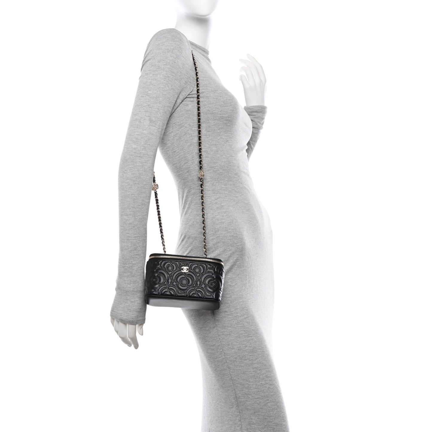 Lambskin Camellia Embossed Small Vanity Case With Chain Black