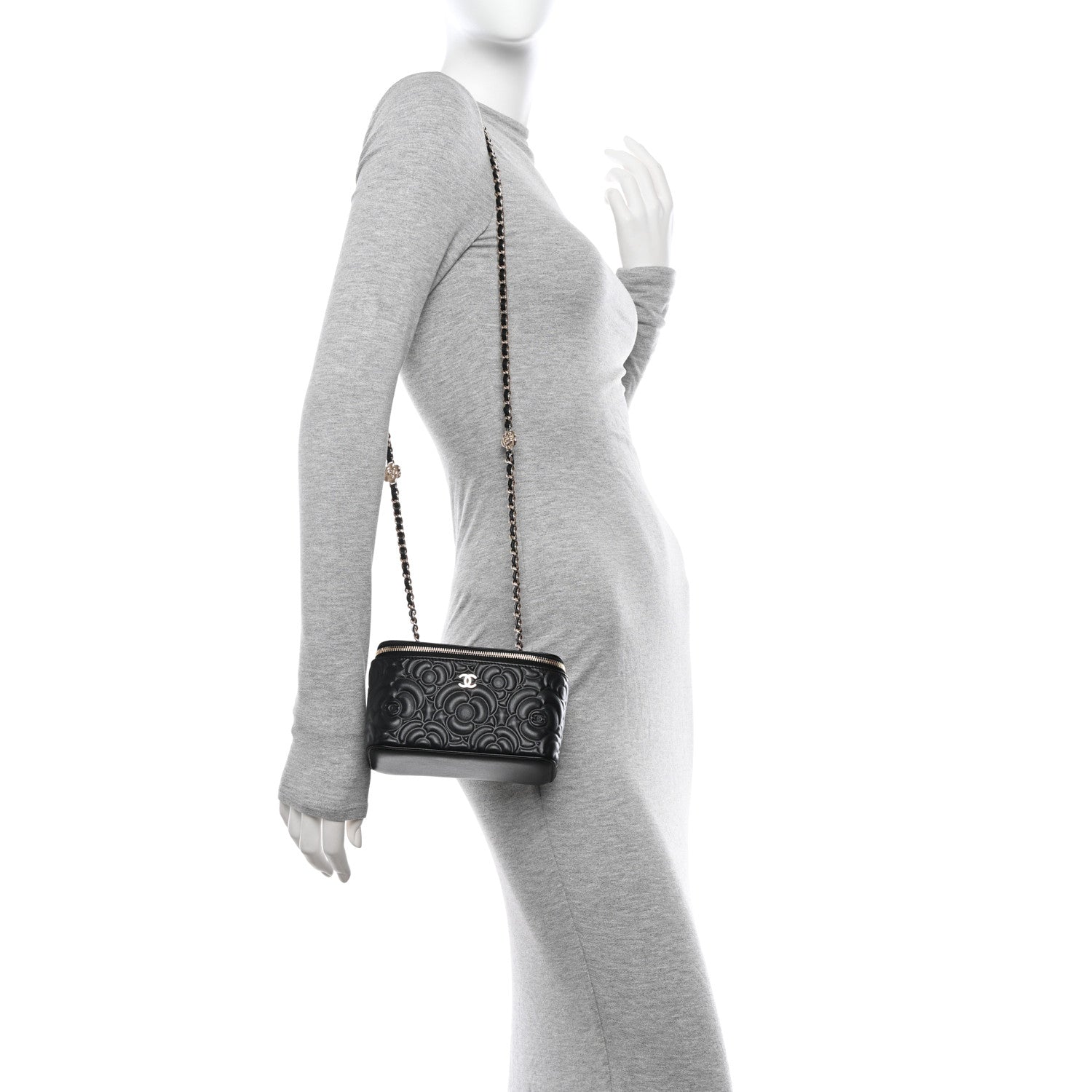 Chanel Lambskin Camellia Embossed Small Vanity Case With Chain Black 2 of 12