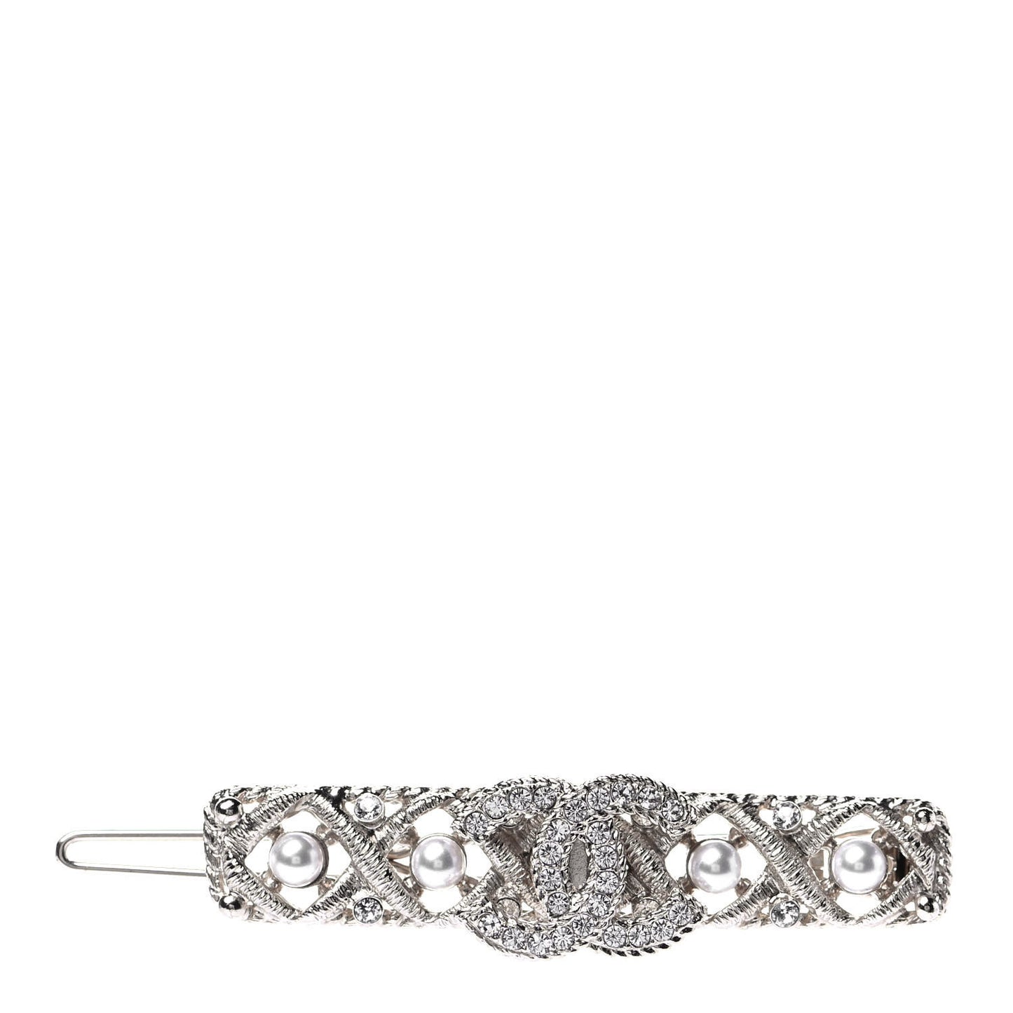 Pearl Crystal CC Hair Clip Barrette Silver