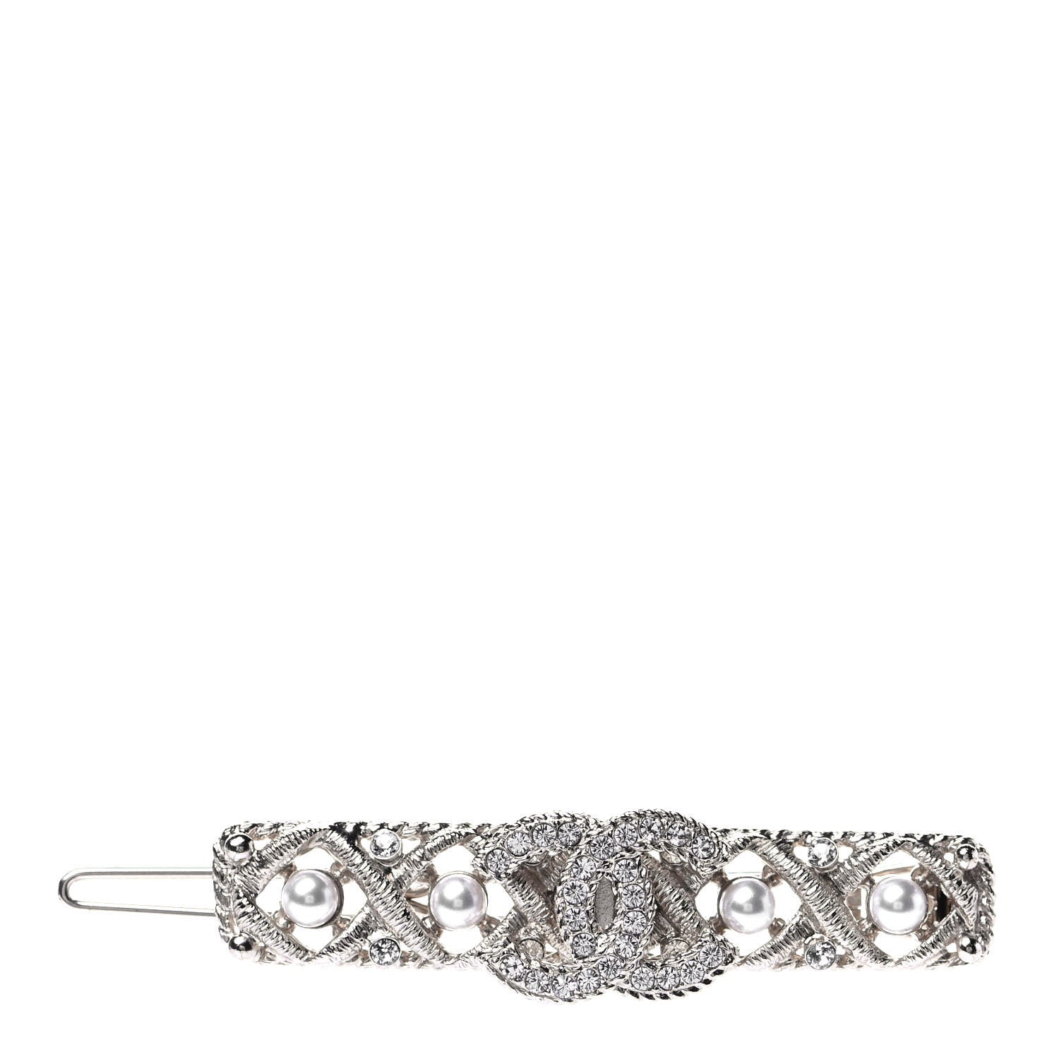 Chanel Pearl Crystal CC Hair Clip Barrette Silver 1 of 4