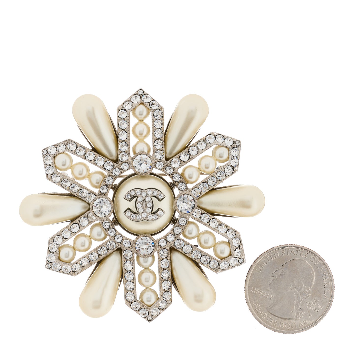 Pearl Crystal CC Brooch Pearly White Gold
