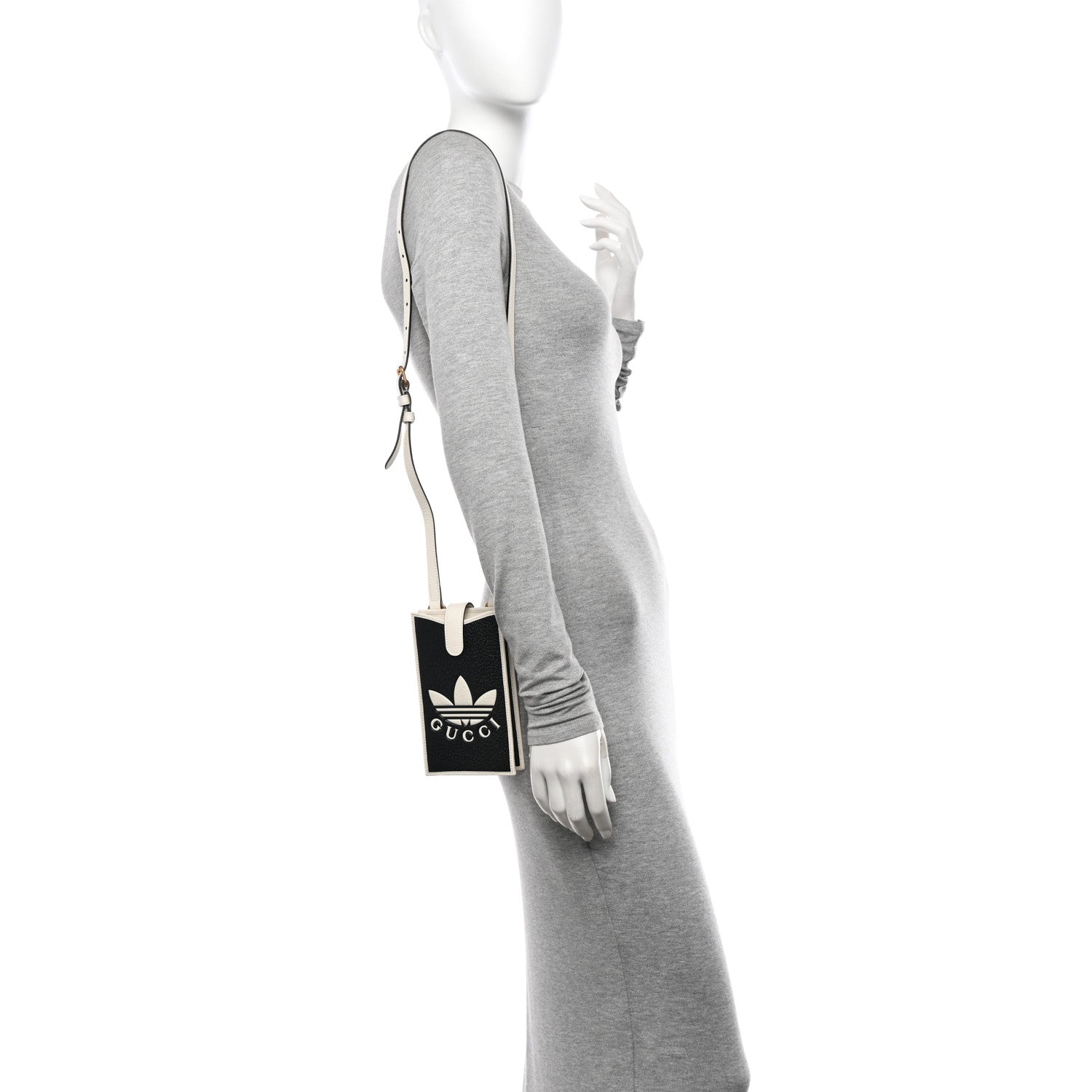 Gucci X ADIDAS Textured Dollar Calfskin Trefoil Embossed Phone Crossbody Bag Black Off White 2 of 12