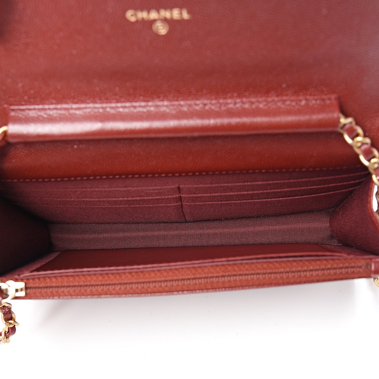 Iridescent Caviar Quilted Wallet On Chain WOC Burgundy