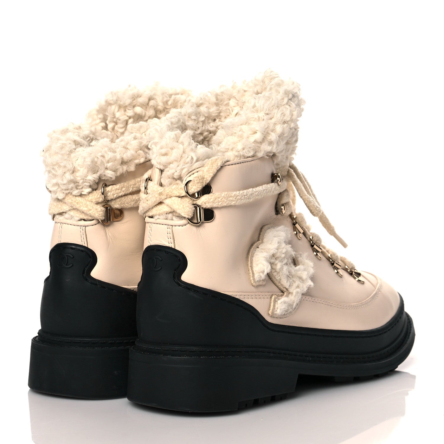 Chanel Calfskin Shearling CC Lace Up Boots 38 Light Beige Ivory 4 of 8