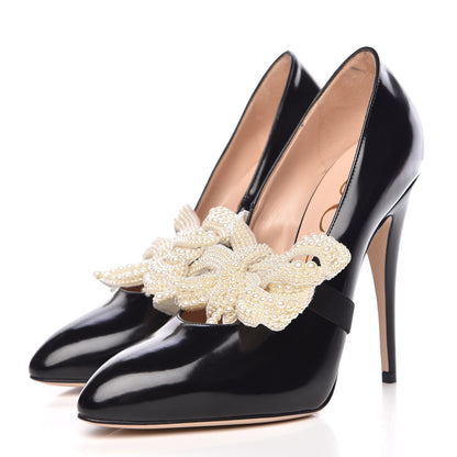 Gucci Polished Calfskin Removable Pearly Bow Elaisa Platform High Heel Pumps 37.5 Black 3 of 13
