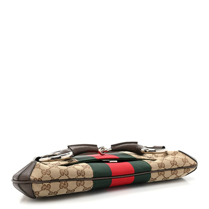 Gucci Monogram Textured Dollar Calfskin Heavy Grosgrain Web Medium Maxi Horsebit Chain Shoulder Bag Beige Ebony New Acero 4 of 9