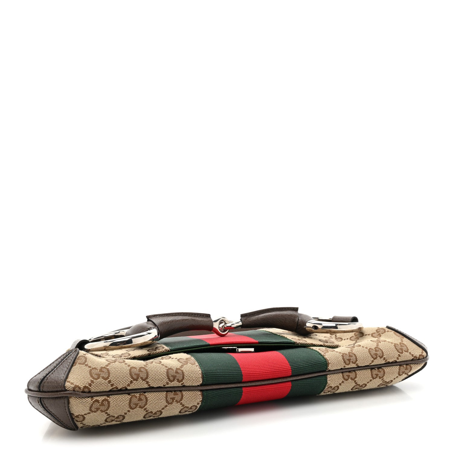 Gucci Monogram Textured Dollar Calfskin Heavy Grosgrain Web Medium Maxi Horsebit Chain Shoulder Bag Beige Ebony New Acero 4 of 9