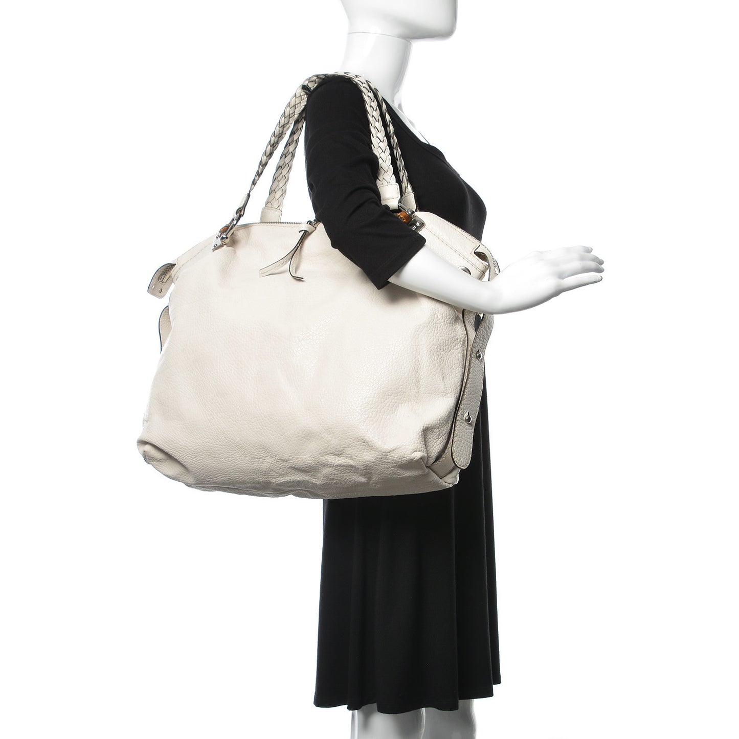 Pebbled Calfskin Large Bamboo Bar Tassel Shoulder Bag White