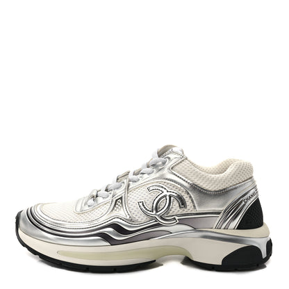 Chanel Fabric Laminated Calfskin Stretch CC Sneakers 38 White Silver 1 of 9