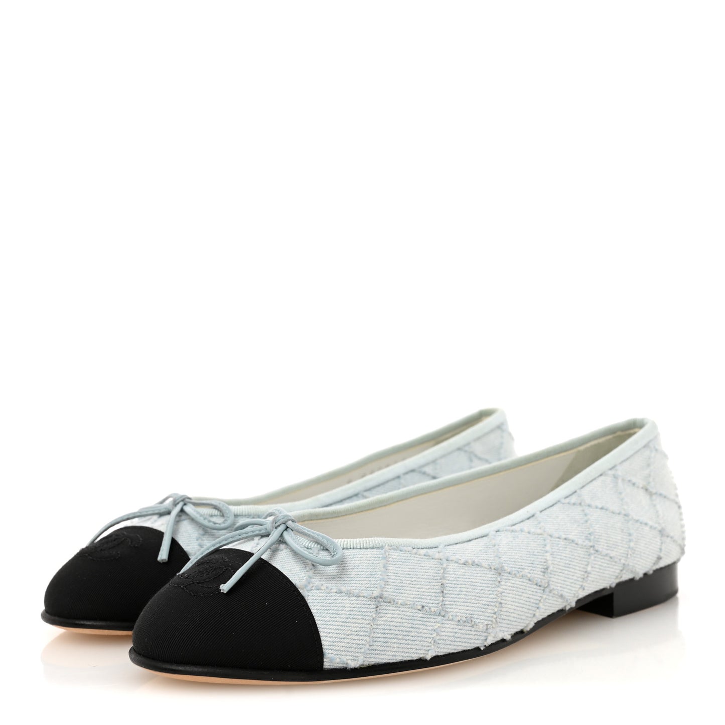 Denim Embroidered Grosgrain CC Cap Toe Ballerina Flats 37.5 Light Blue Black