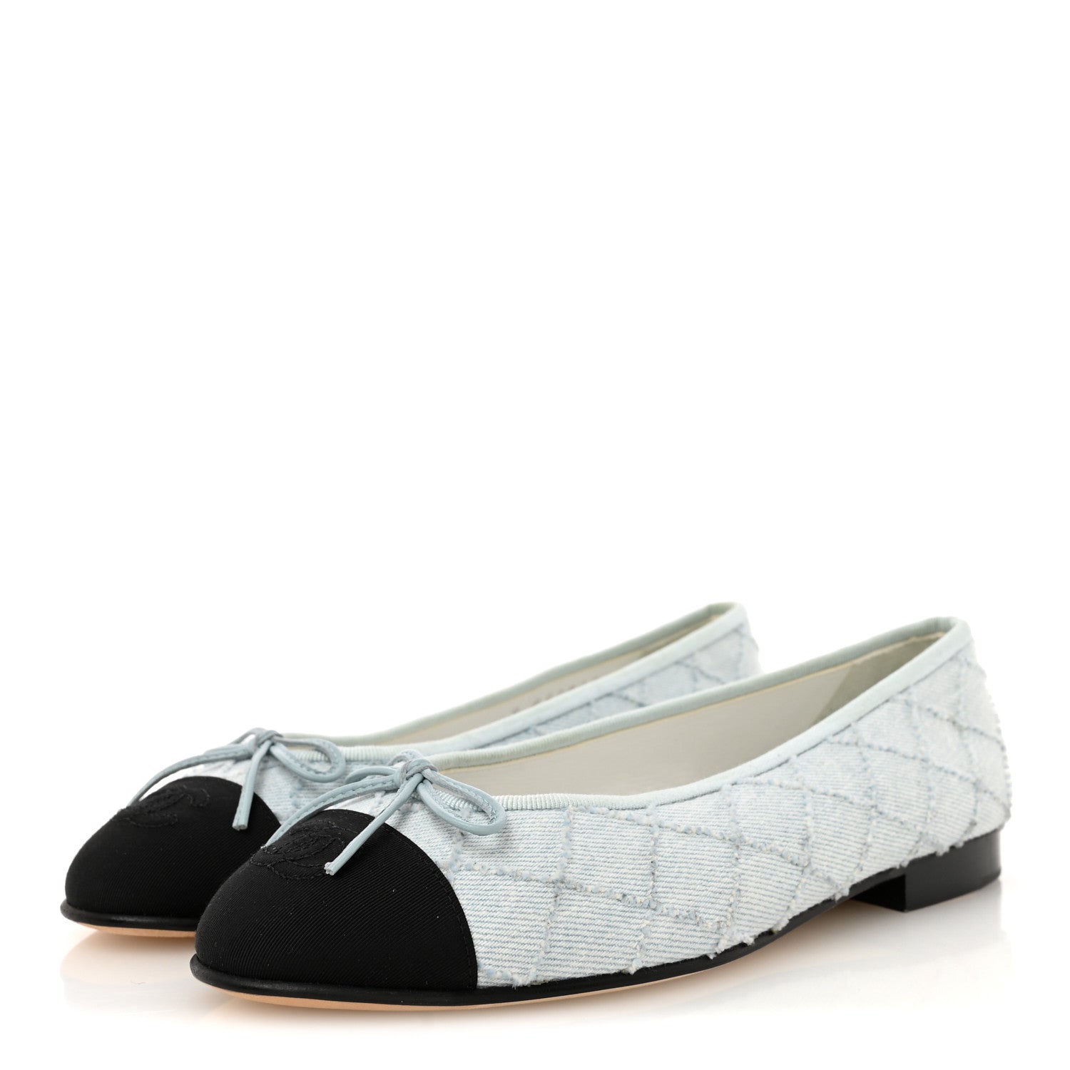Chanel Denim Embroidered Grosgrain CC Cap Toe Ballerina Flats 37.5 Light Blue Black 4 of 9