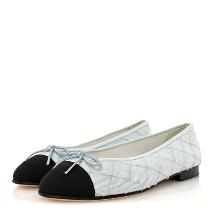 Chanel Denim Embroidered Grosgrain CC Cap Toe Ballerina Flats 37.5 Light Blue Black 4 of 9