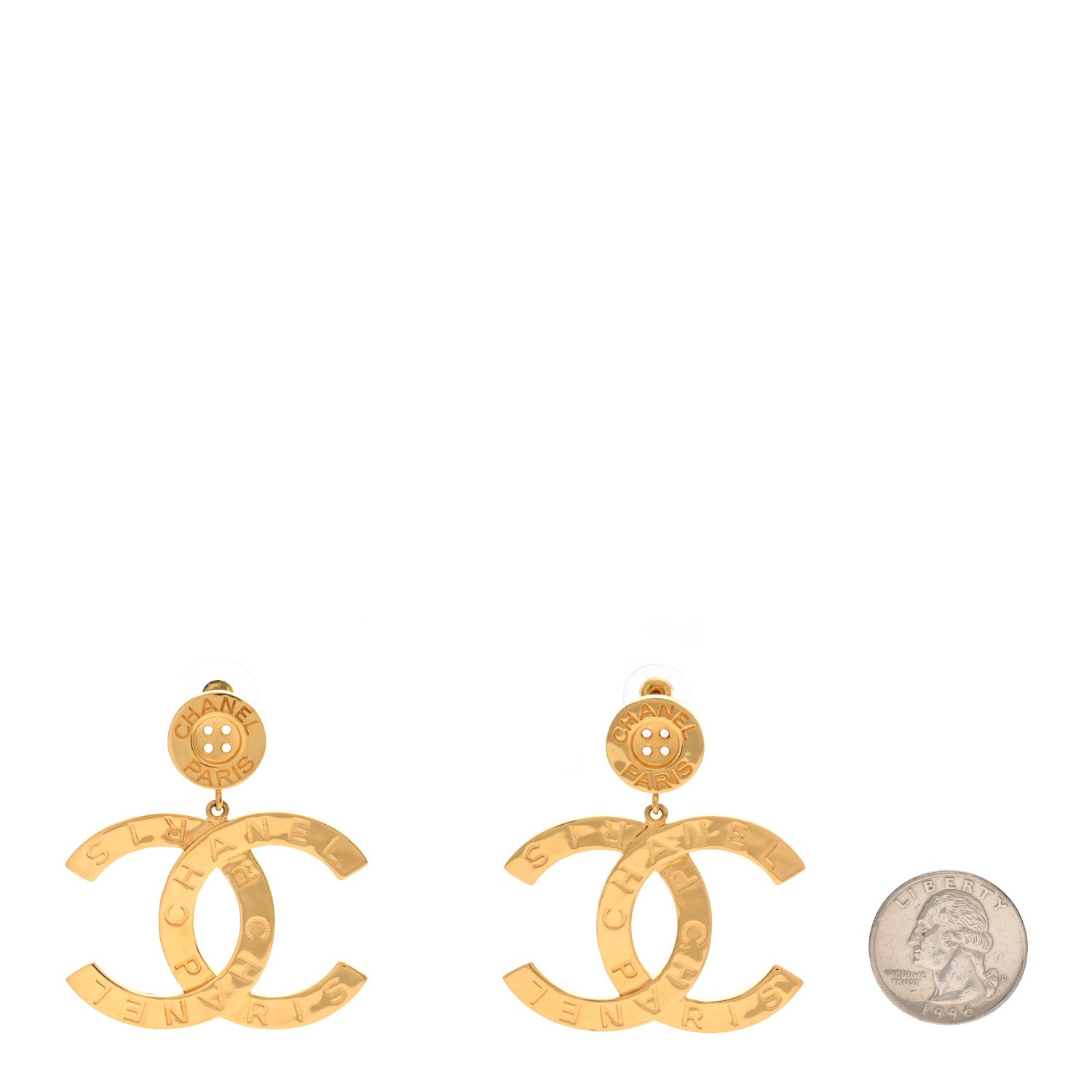 Chanel Metal Large Paris Button Earrings Gold 2 of 4