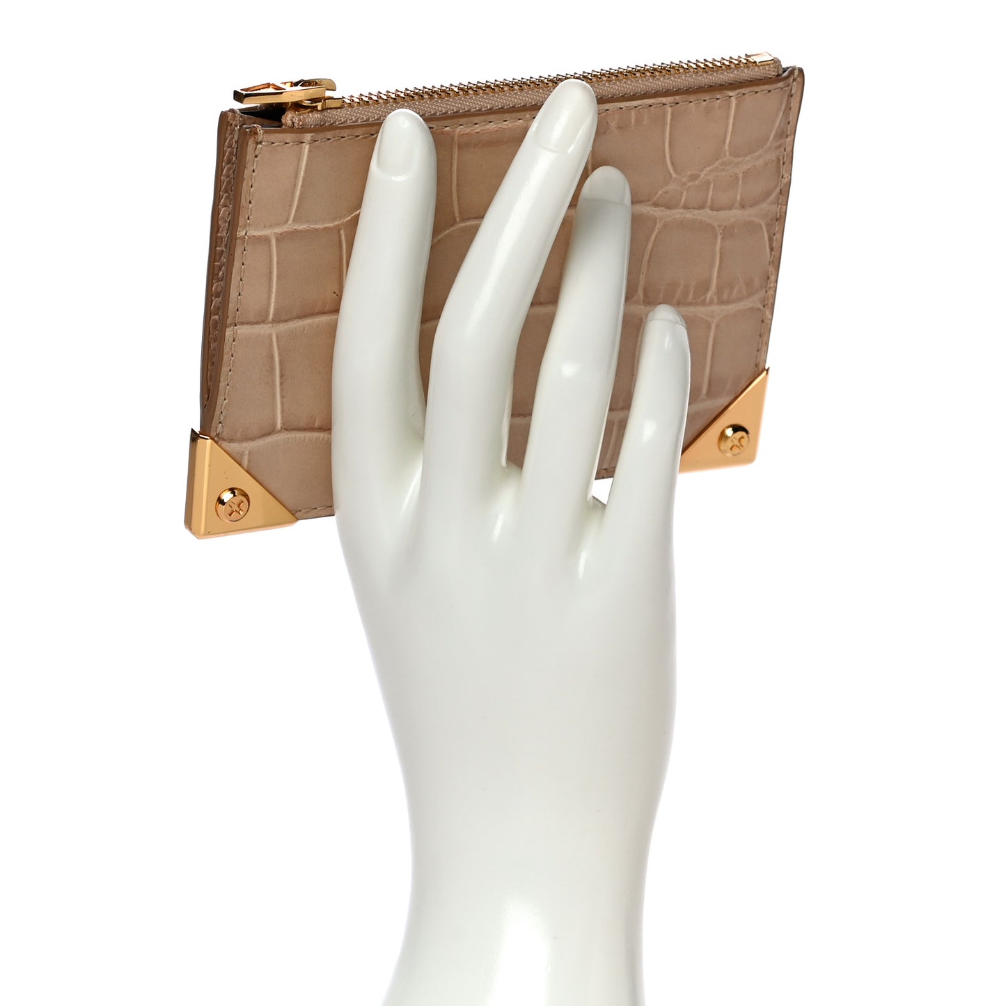 Calfskin Crocodile Embossed Prisma Flat Pouch Almond Gold Hardware