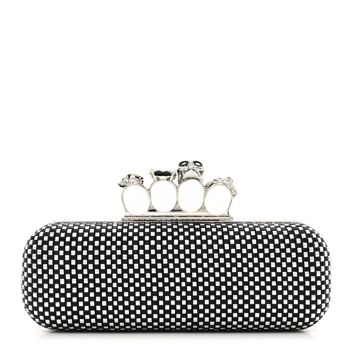 Woven Metallic Calfskin Skull Knuckle Box Clutch Silver Black