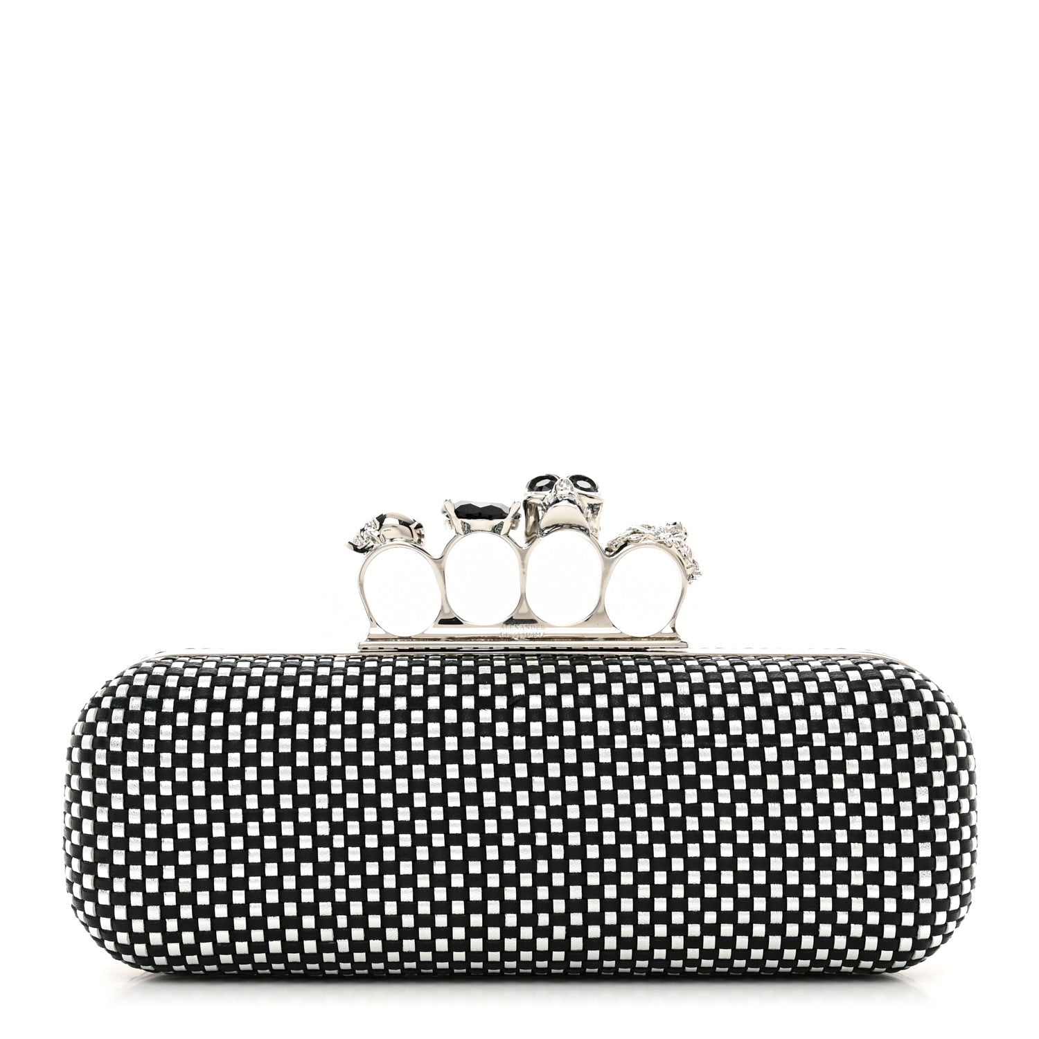 Alexander McQueen Woven Metallic Calfskin Skull Knuckle Box Clutch Silver Black 1 of 8