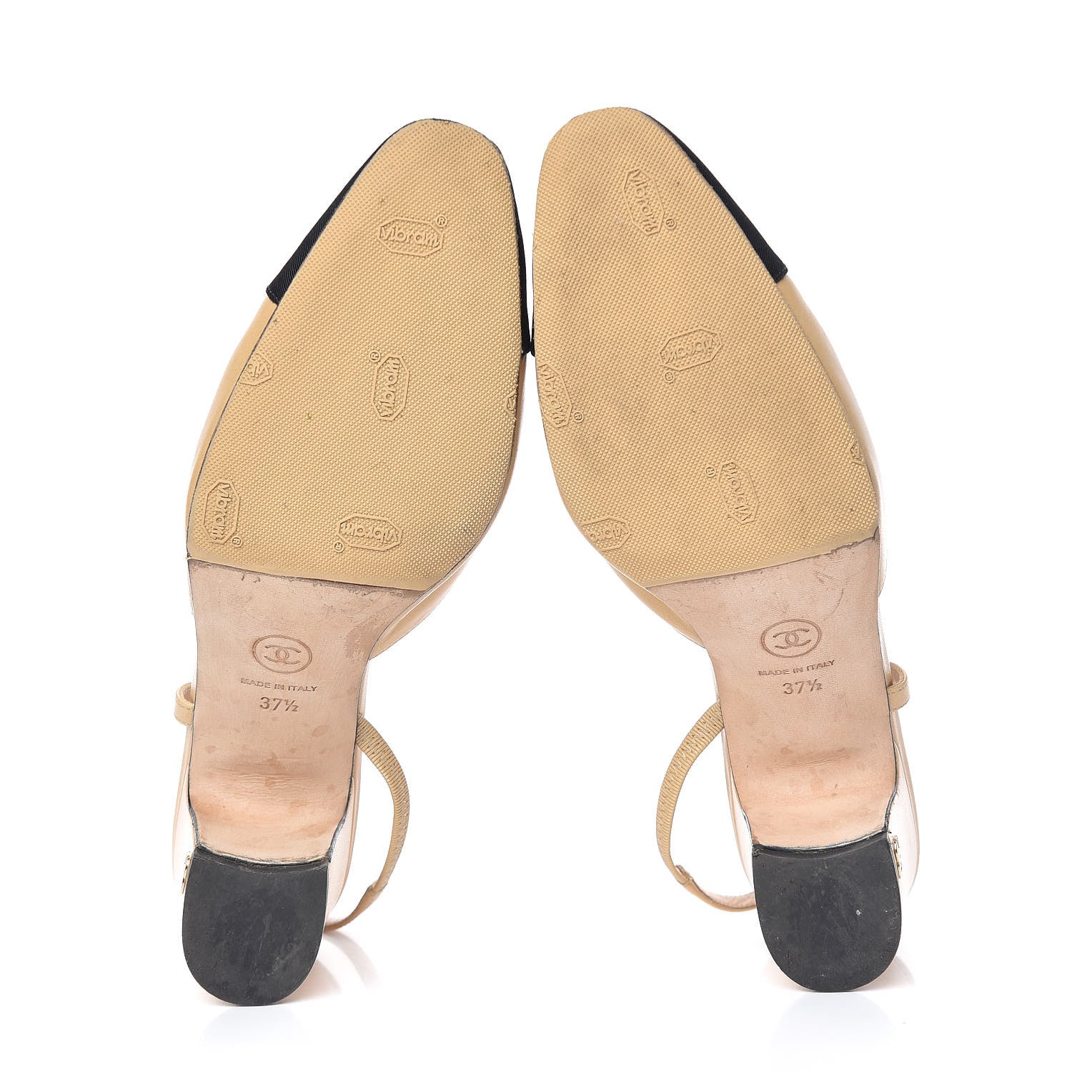 Chanel Goatskin Grosgrain Cap Toe CC Slingback Pumps 37.5 Beige Black 7 of 17