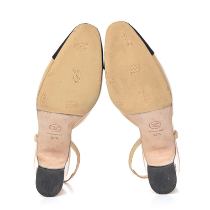 Chanel Goatskin Grosgrain Cap Toe CC Slingback Pumps 37.5 Beige Black 7 of 17